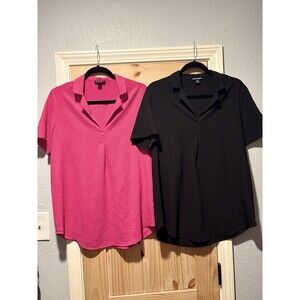 Hilary Radley Shirts Womens Small Pink Black Work Split Neck Collar Short Sleeve